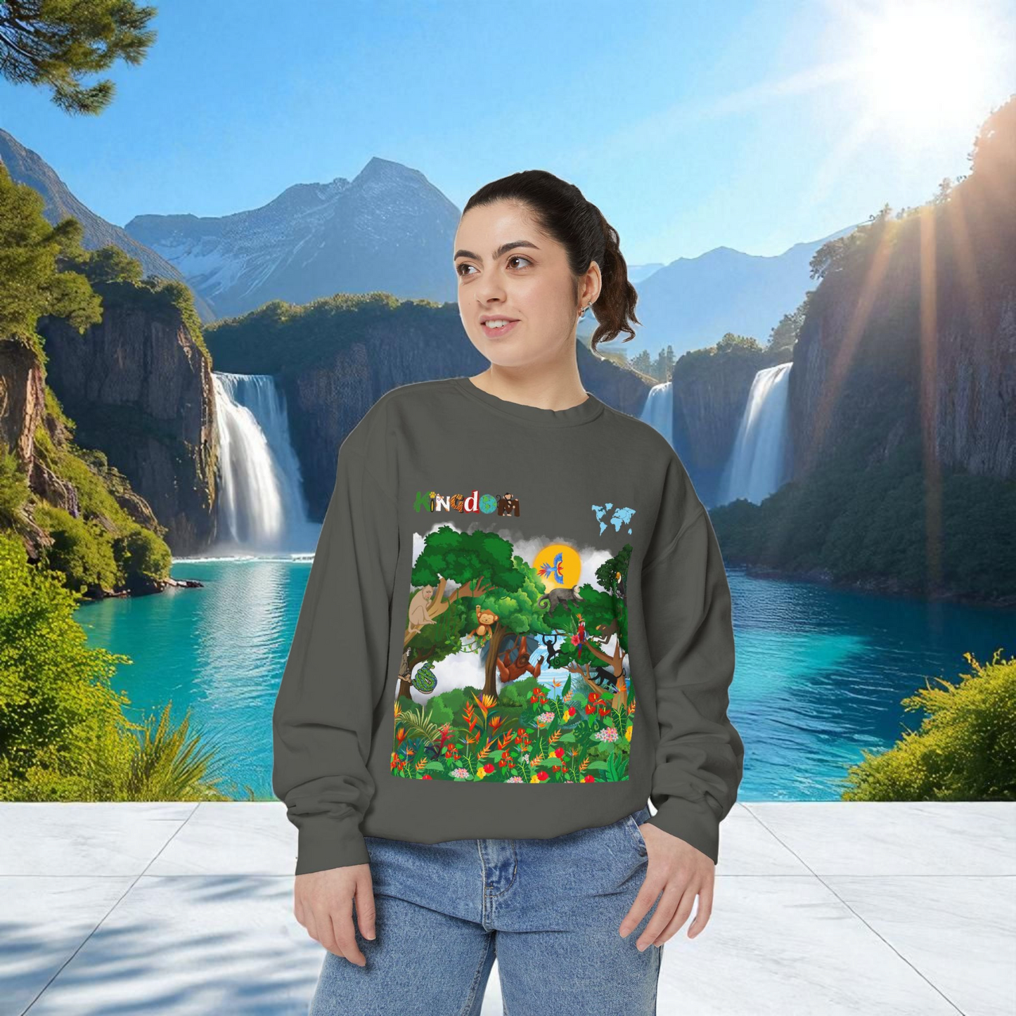 Jungle Theme Unisex Garment-Dyed Sweatshirt, Wild Animals Graphic, Safari Lover Gift