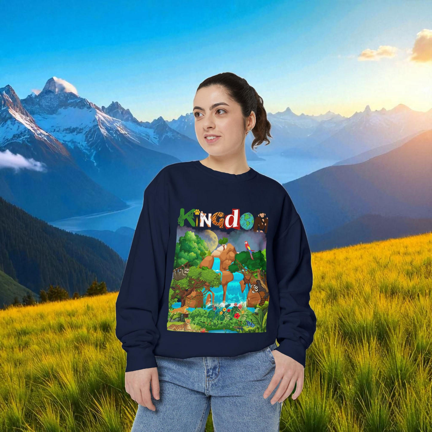 Jungle Animals Waterfall Art Sweatshirt, Animal Lover Gift, Wildlife Clothing, Rainforest Jumper