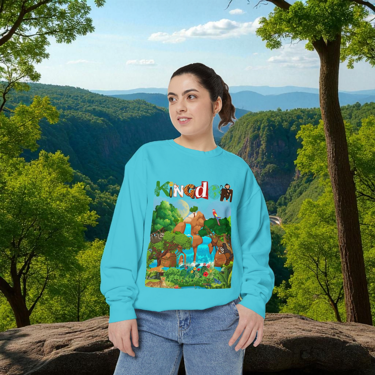 Jungle Animals Waterfall Art Sweatshirt, Animal Lover Gift, Wildlife Clothing, Rainforest Jumper Printify