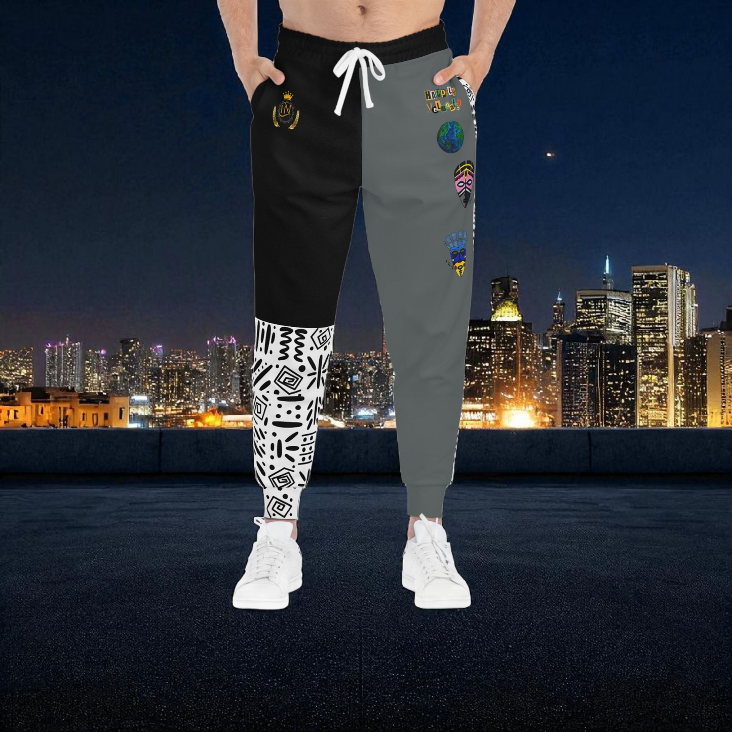 Handcrafted Afro Music Cartoon Art Athletic Joggers, Unisex Sweatpants, African Dance Jogging Pants