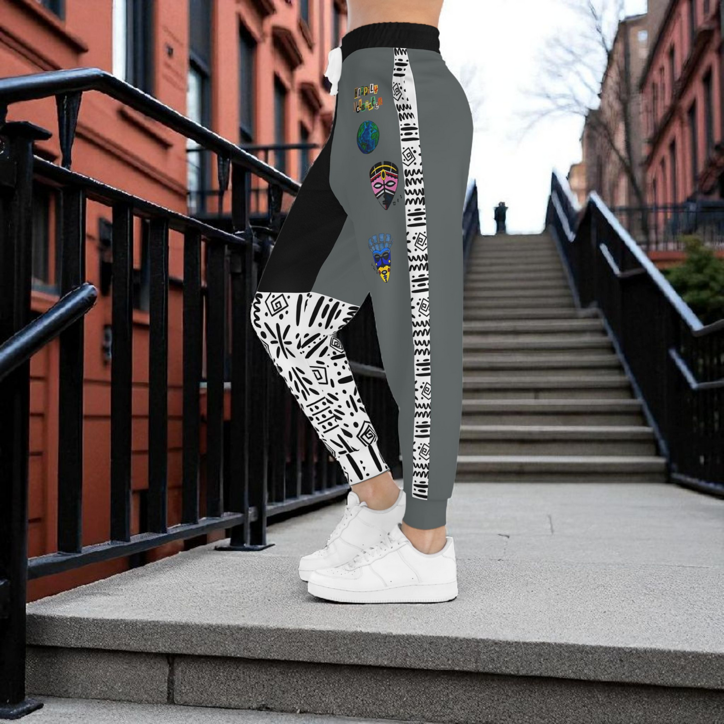 Handcrafted Afro Music Cartoon Art Athletic Joggers, Unisex Sweatpants, African Dance Jogging Pants