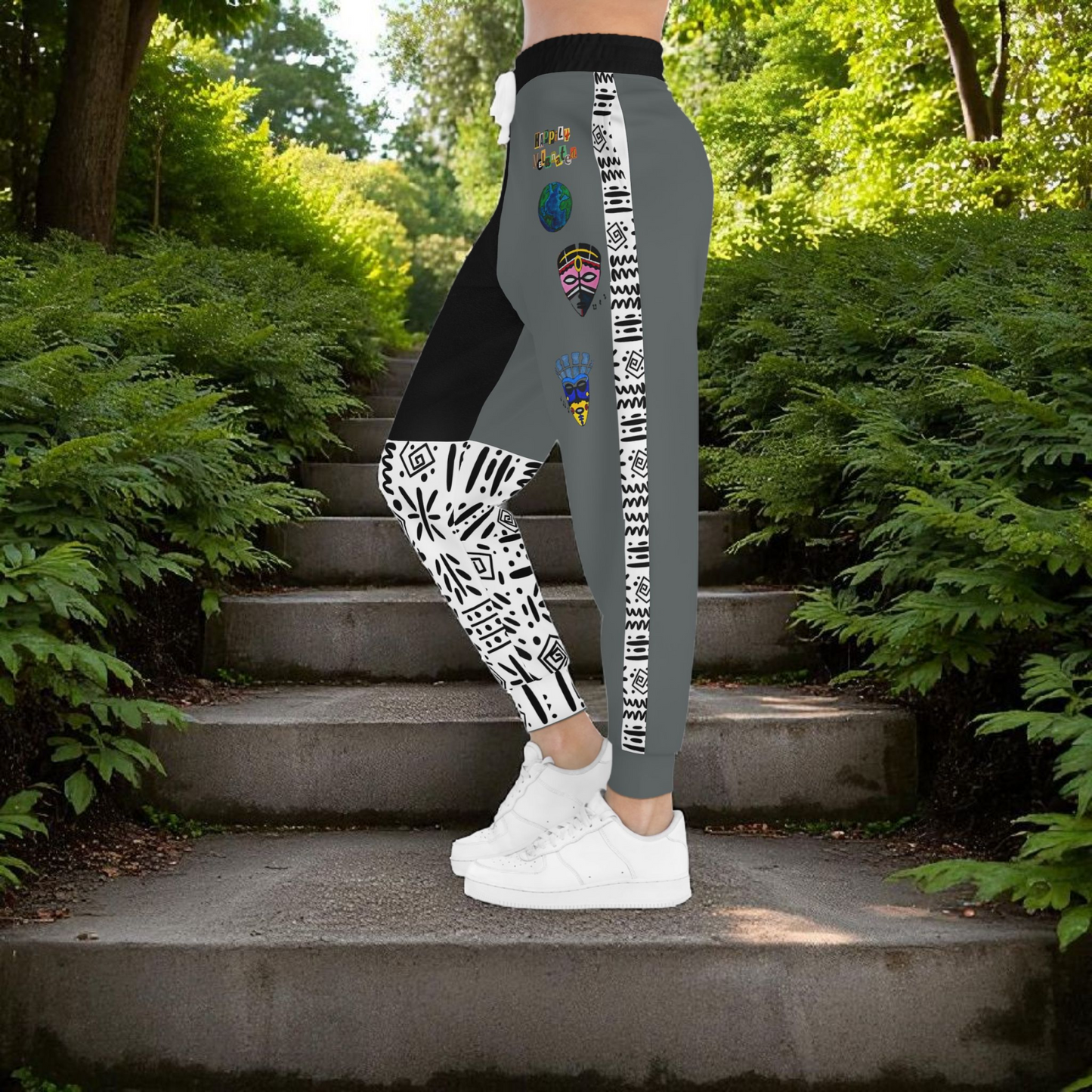 Handcrafted Afro Music Cartoon Art Athletic Joggers, Unisex Sweatpants, African Dance Jogging Pants