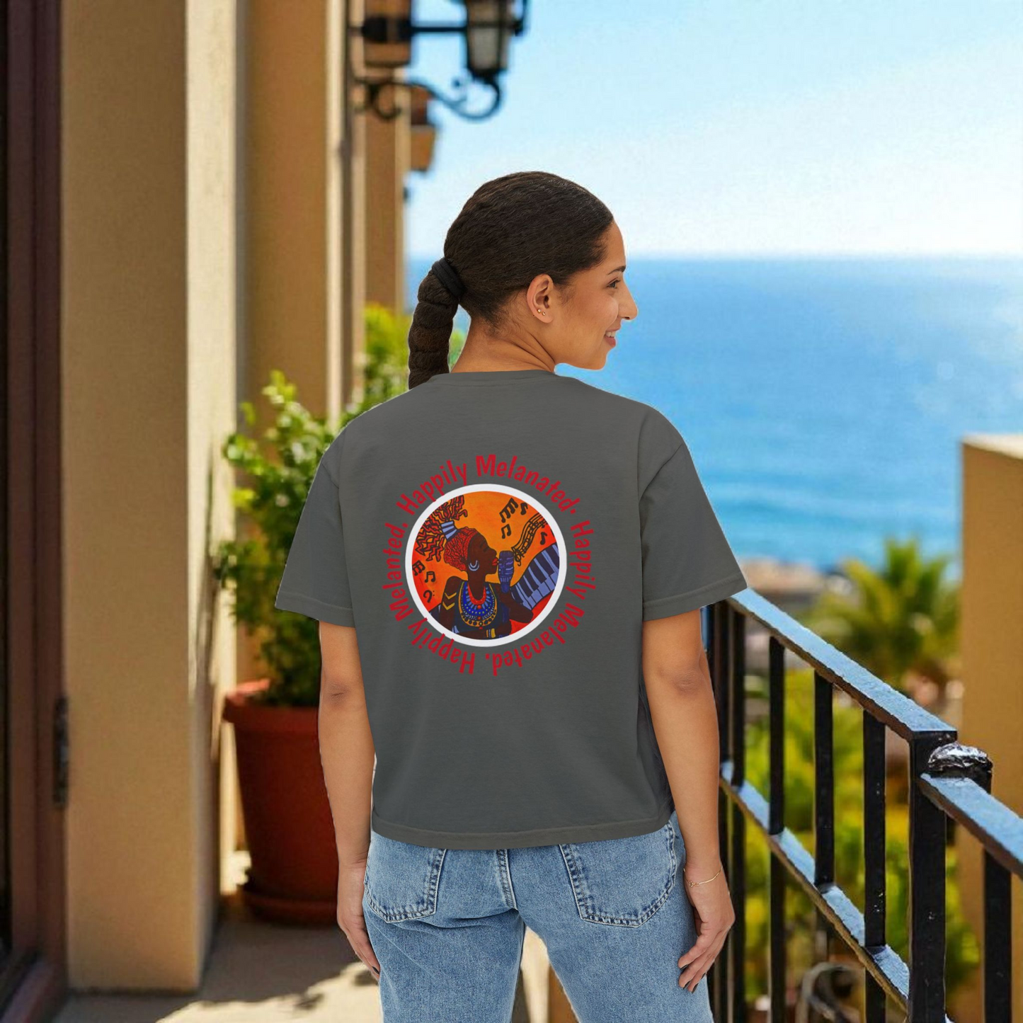 Women's Afro Music Cartoon Oversized Boxy T-shirt