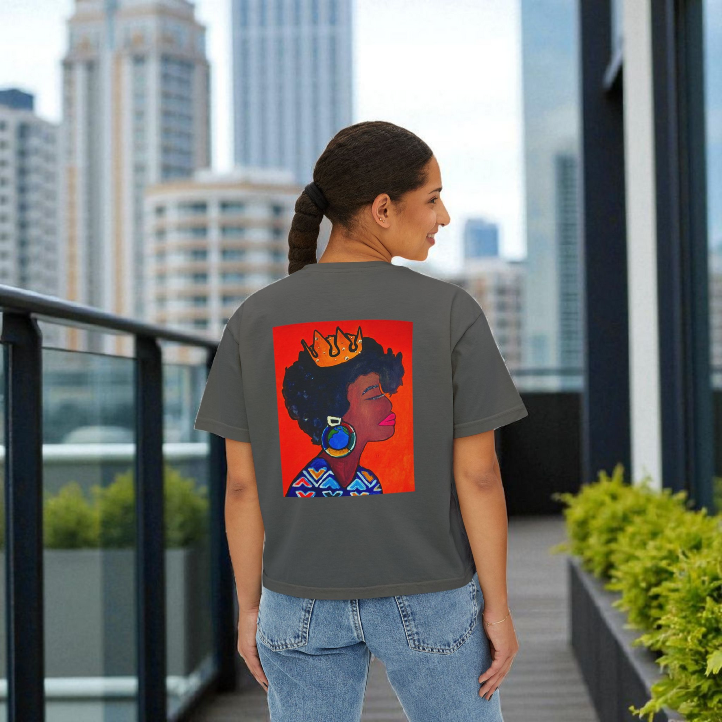 Crowned Black Woman Art Graphic T-Shirt, Afrocentric Women's Boxy Tee