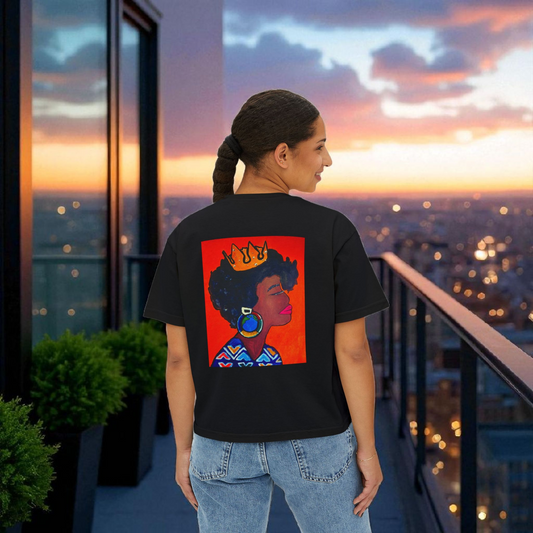 Crowned Black Woman Art Graphic T-Shirt, Afrocentric Women's Boxy Tee