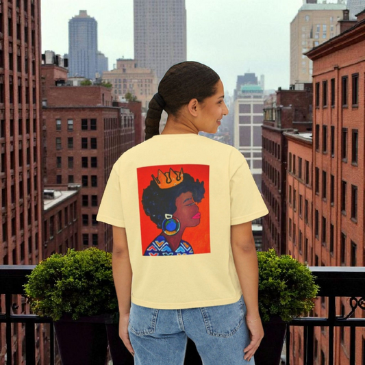 Crowned Black Woman Art Graphic T-Shirt, Afrocentric Women's Boxy Tee