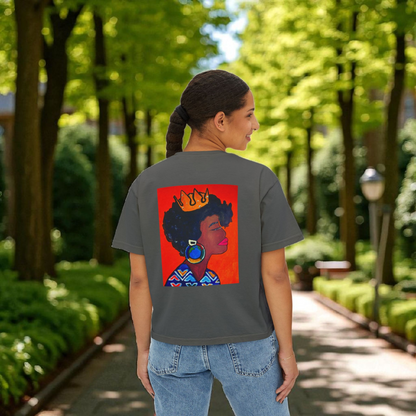 Crowned Black Woman Art Graphic T-Shirt, Afrocentric Women's Boxy Tee