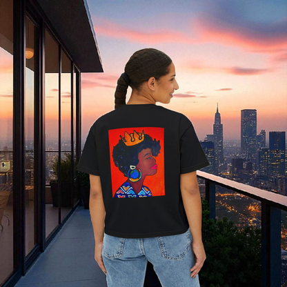 Crowned Black Woman Art Graphic T-Shirt, Afrocentric Women's Boxy Tee