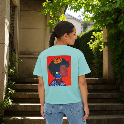 Crowned Black Woman Art Graphic T-Shirt, Afrocentric Women's Boxy Tee