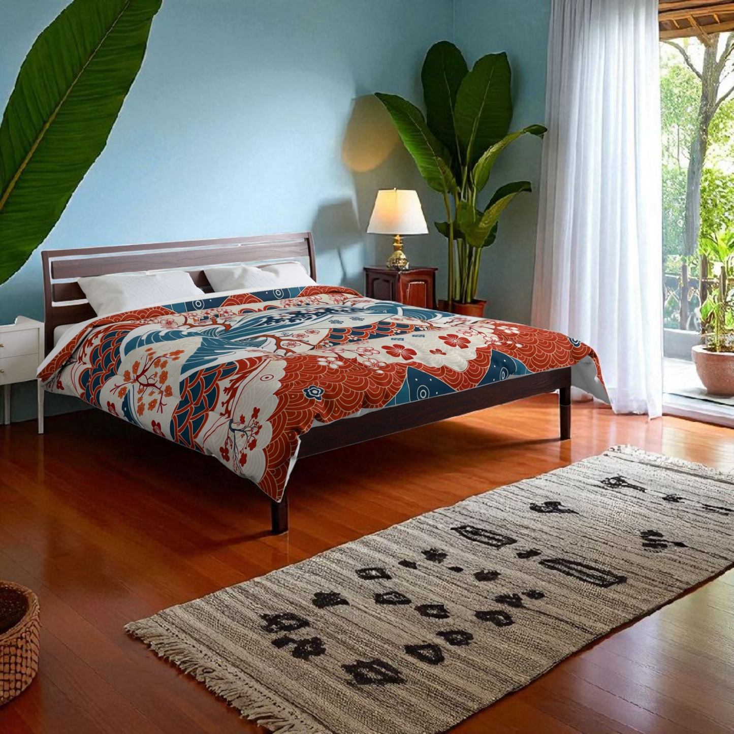 Elegant Floral Comforter, Boho Chic Bedding, Japanese Wave Design Quilt