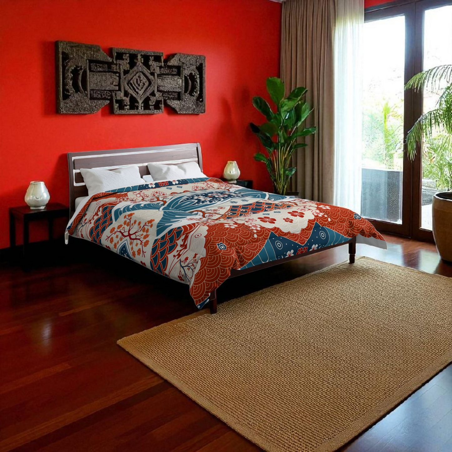 Elegant Floral Comforter, Boho Chic Bedding, Japanese Wave Design Quilt