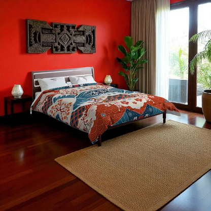 Elegant Floral Comforter, Boho Chic Bedding, Japanese Wave Design Quilt