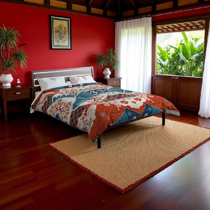 Elegant Floral Comforter, Boho Chic Bedding, Japanese Wave Design Quilt