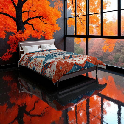 Elegant Floral Comforter, Boho Chic Bedding, Japanese Wave Design Quilt