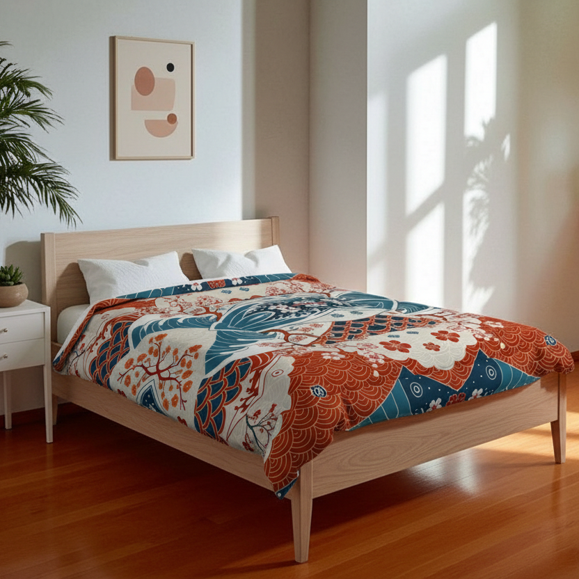 Elegant Floral Comforter, Boho Chic Bedding, Japanese Wave Design Quilt Printify