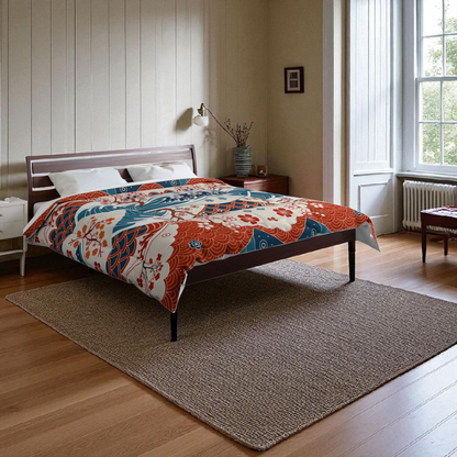 Elegant Floral Comforter, Boho Chic Bedding, Japanese Wave Design Quilt