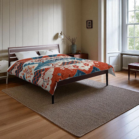 Elegant Floral Comforter, Boho Chic Bedding, Japanese Wave Design Quilt