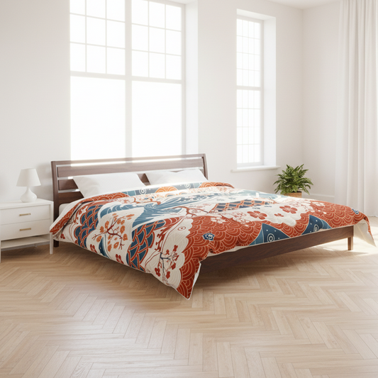 Elegant Floral Comforter, Boho Chic Bedding, Japanese Wave Design Quilt