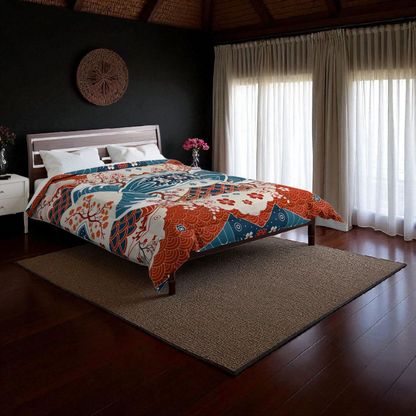 Elegant Floral Comforter, Boho Chic Bedding, Japanese Wave Design Quilt