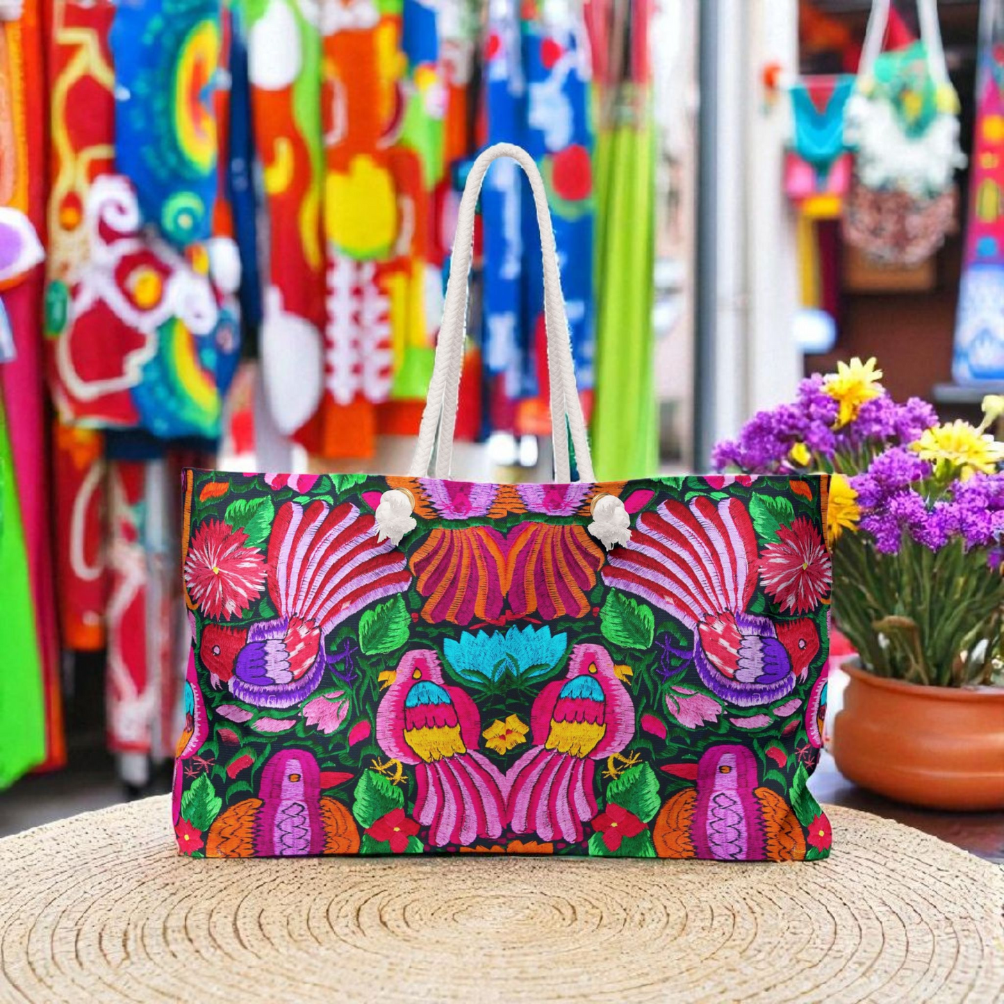 Vibrant Floral Weekender Bag - Bohemian Travel Tote, Beach Tote, Gym Bag, Yoga Bag