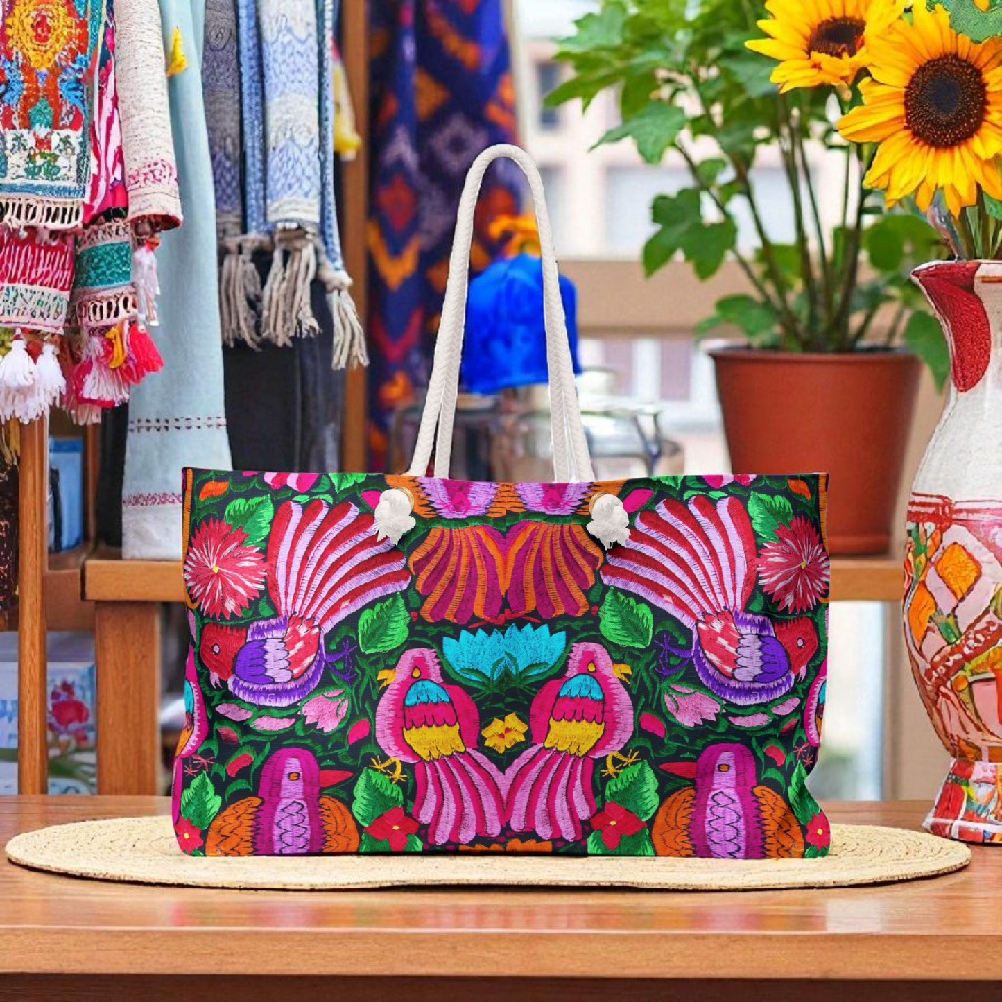 Vibrant Floral Weekender Bag - Bohemian Travel Tote, Beach Tote, Gym Bag, Yoga Bag