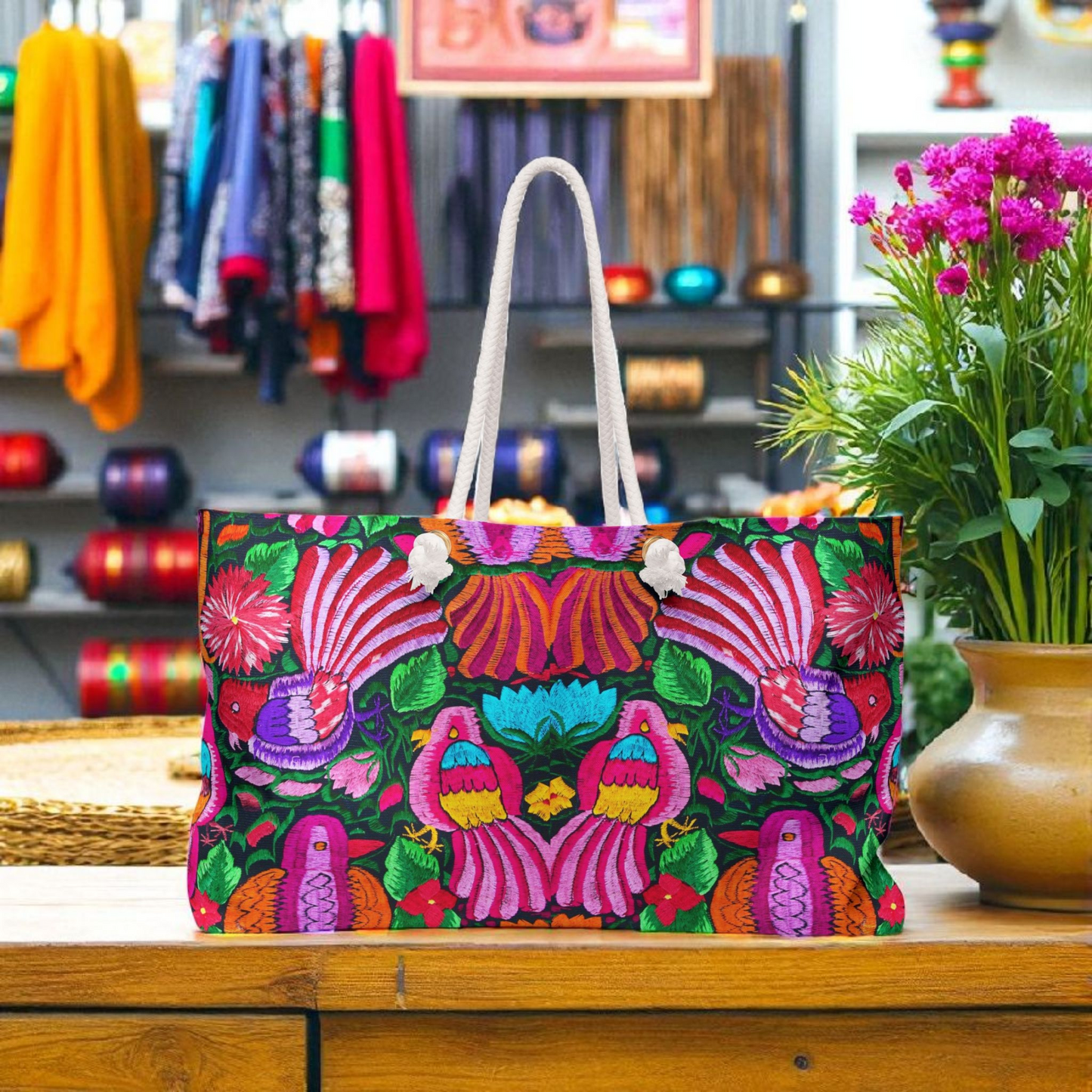 Vibrant Floral Weekender Bag - Bohemian Travel Tote, Beach Tote, Gym Bag, Yoga Bag