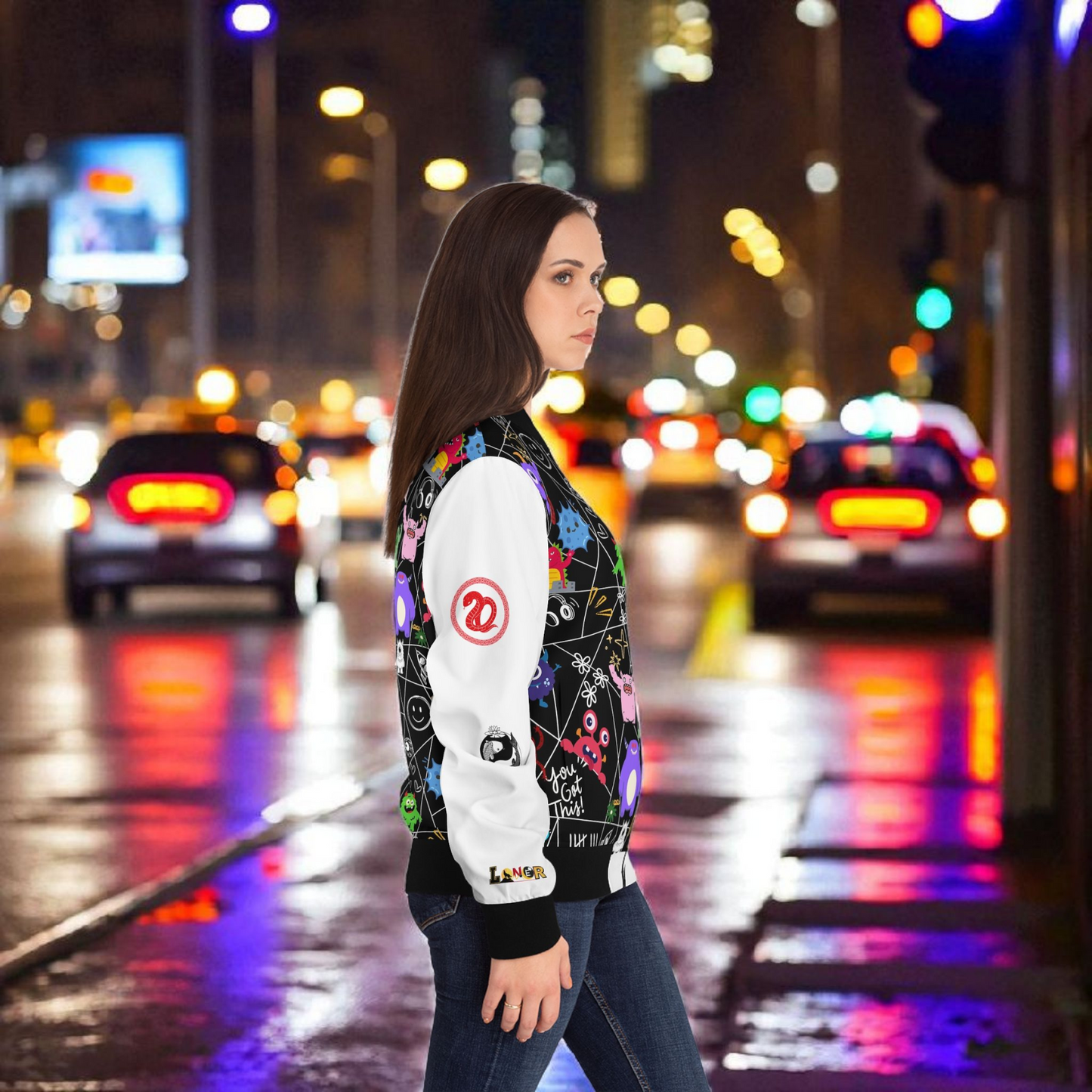 Monster Themed Cartoon Colorful Graphic Women's Jacket, Trendy Outerwear