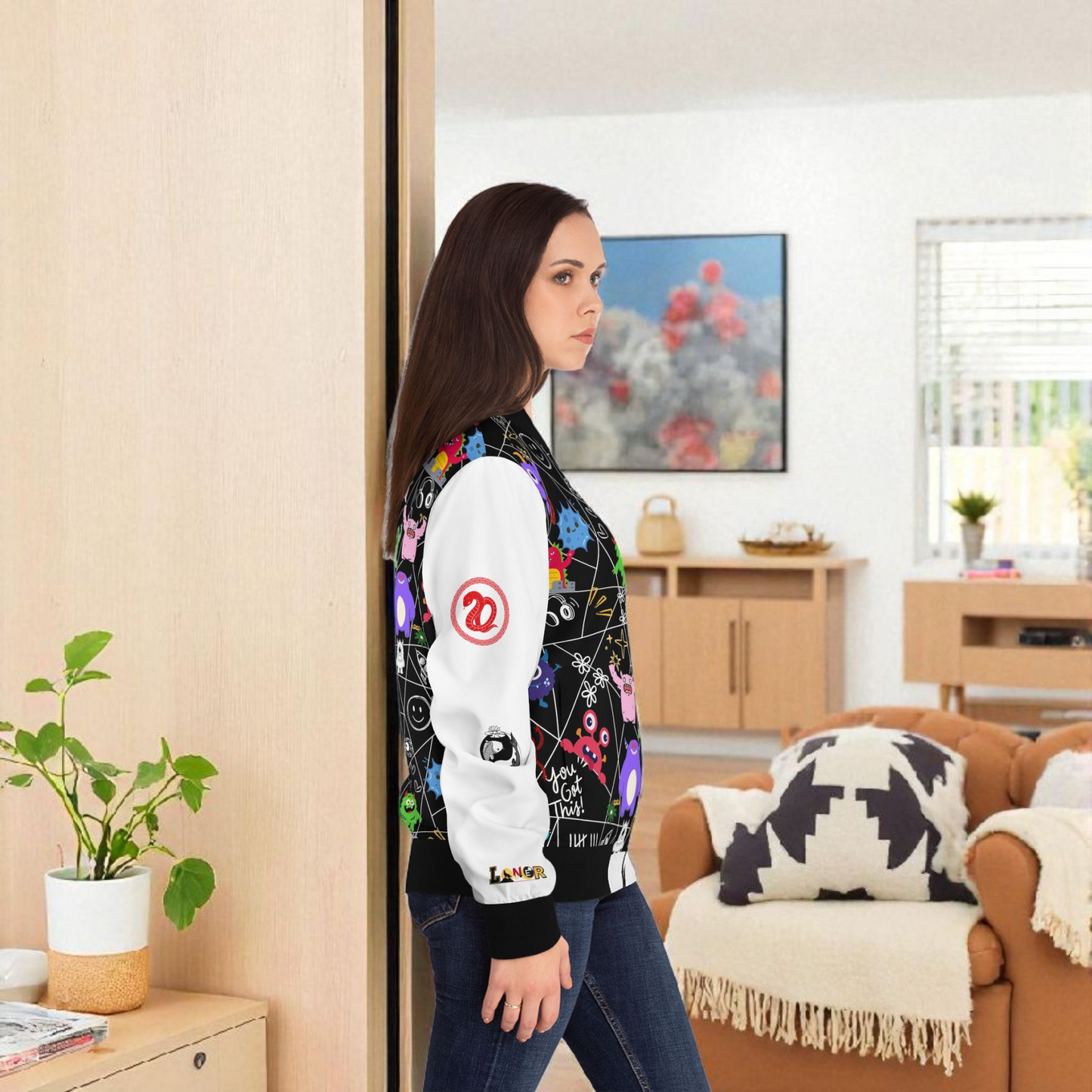 Monster Themed Cartoon Colorful Graphic Women's Jacket, Trendy Outerwear