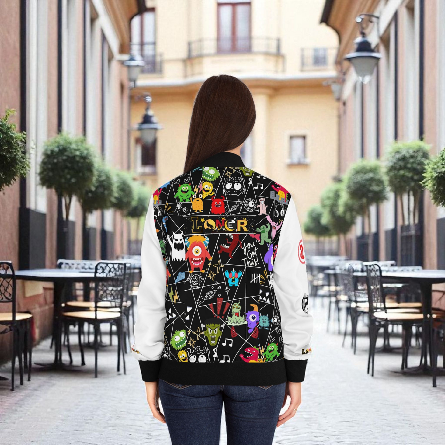 Monster Themed Cartoon Colorful Graphic Women's Jacket, Trendy Outerwear