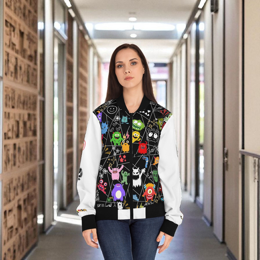 Monster Themed Cartoon Colorful Graphic Women's Jacket, Trendy Outerwear