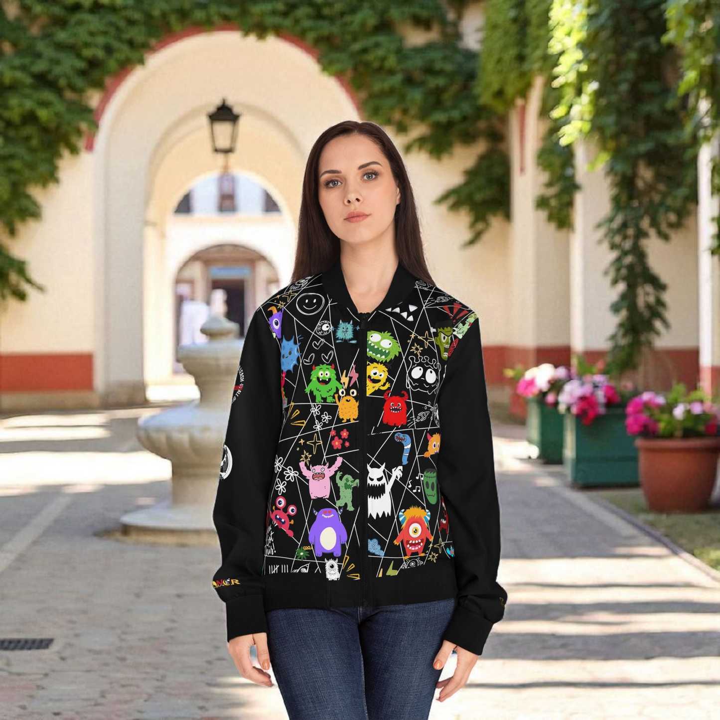 Monster Themed Cartoon Colorful Graphic Women's Jacket, Trendy Outerwear