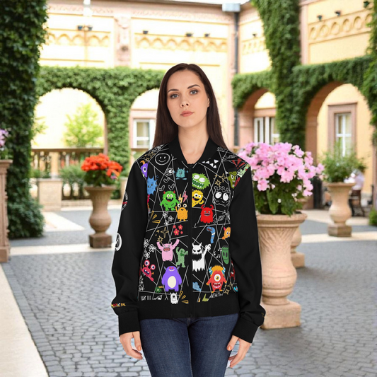 Monster Themed Cartoon Colorful Graphic Women's Jacket, Trendy Outerwear