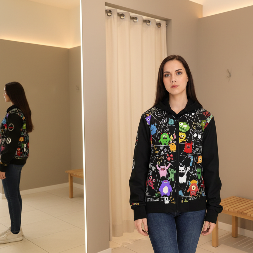 Monster Themed Cartoon Colorful Graphic Women's Jacket, Trendy Outerwear Printify