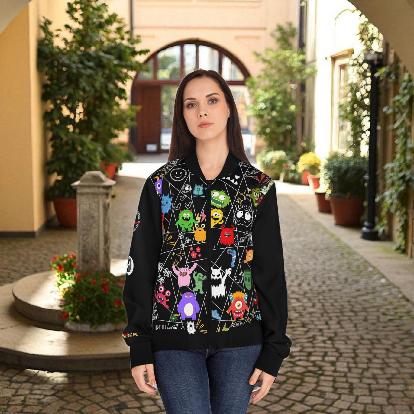 Monster Themed Cartoon Colorful Graphic Women's Jacket, Trendy Outerwear