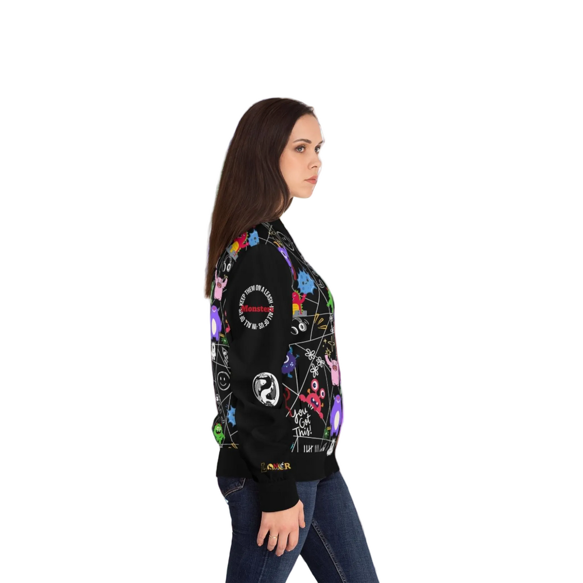 Monster Themed Cartoon Colorful Graphic Women's Jacket, Trendy Outerwear Printify