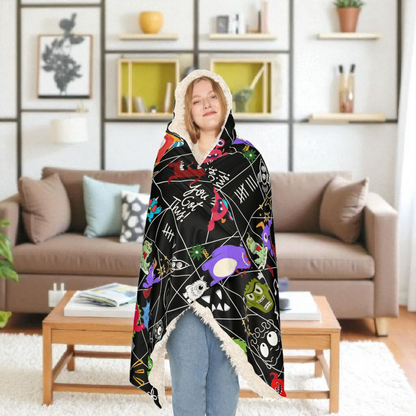 Monsters-Themed Hooded Blanket with Playful Cartoon Graphic Design