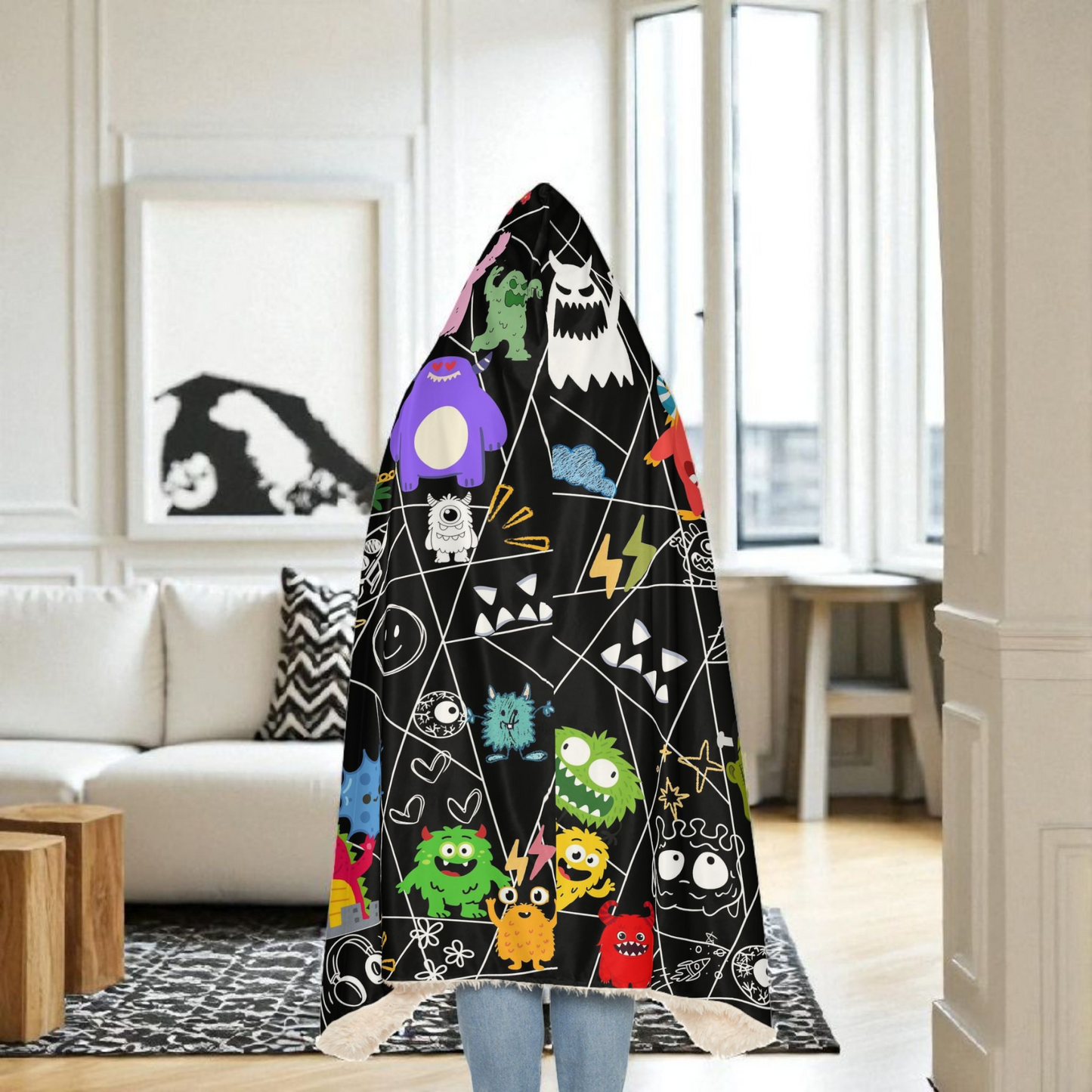 Monsters-Themed Hooded Blanket with Playful Cartoon Graphic Design