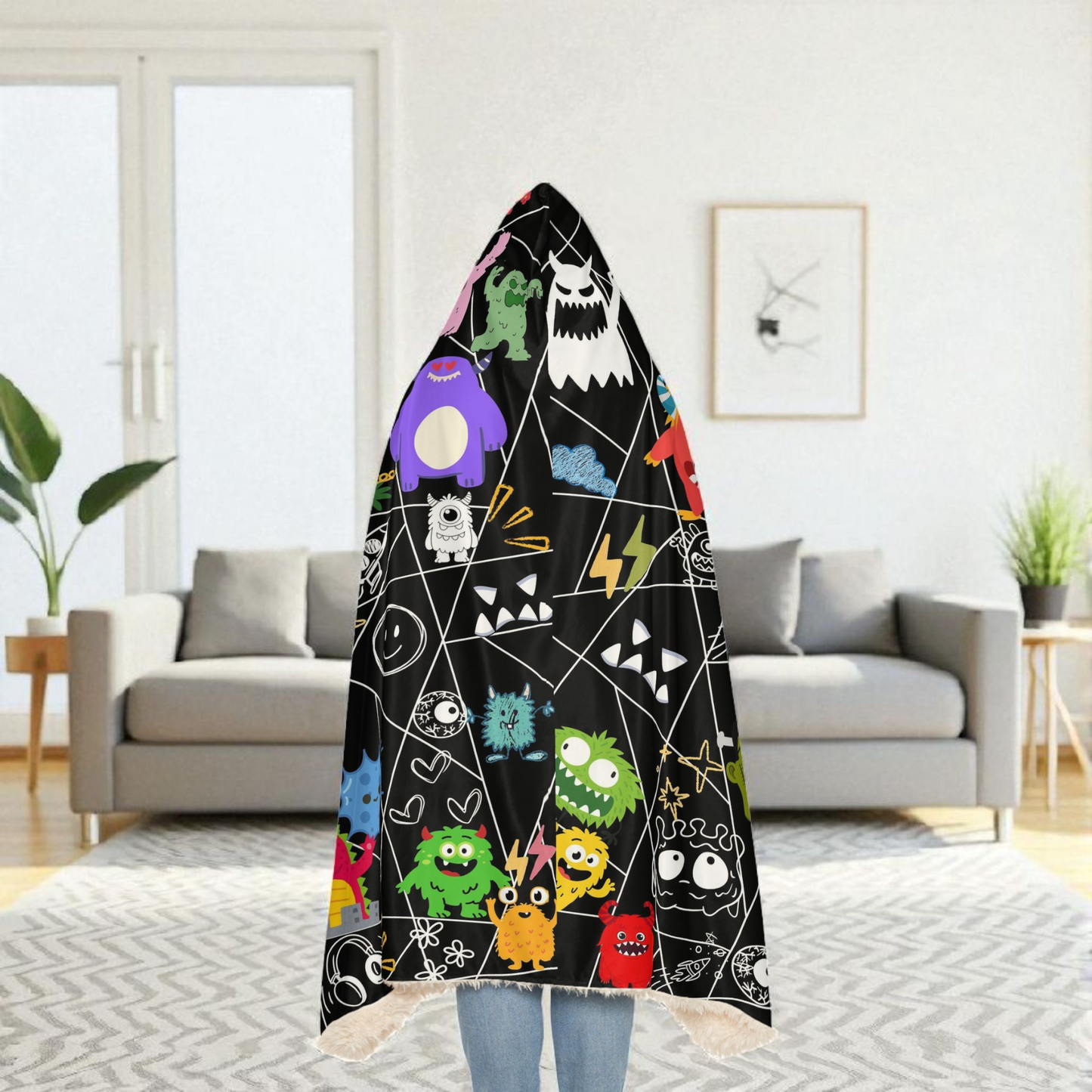 Monsters-Themed Hooded Blanket with Playful Cartoon Graphic Design