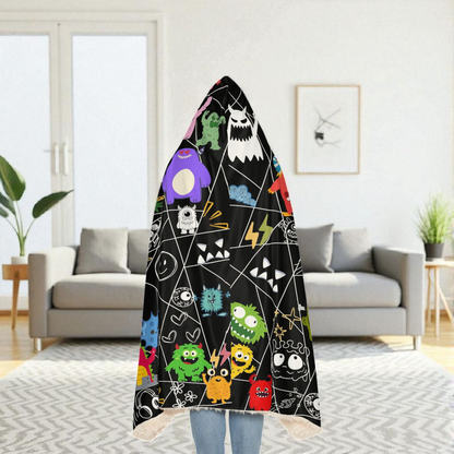 Monsters-Themed Hooded Blanket with Playful Cartoon Graphic Design