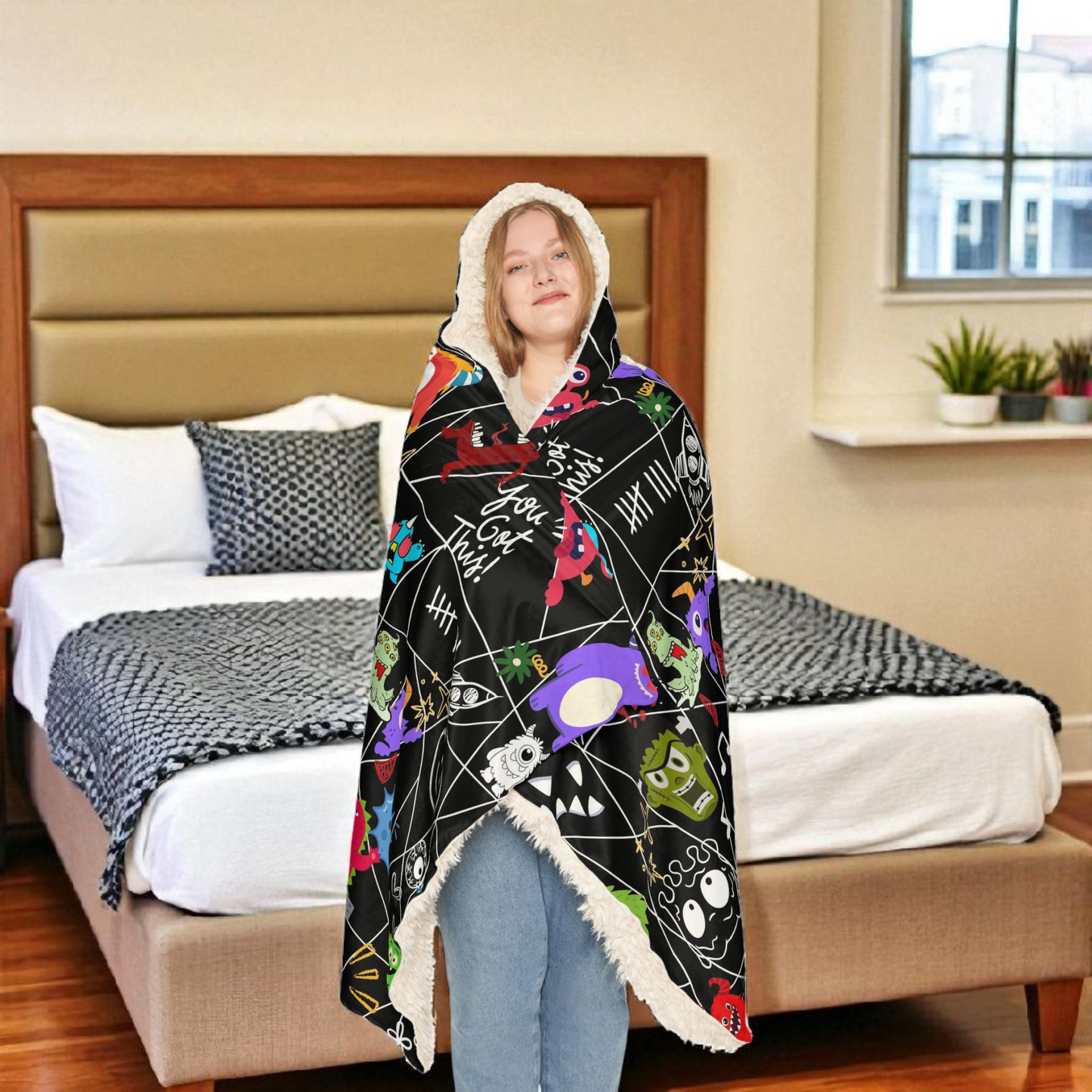 Monsters-Themed Hooded Blanket with Playful Cartoon Graphic Design