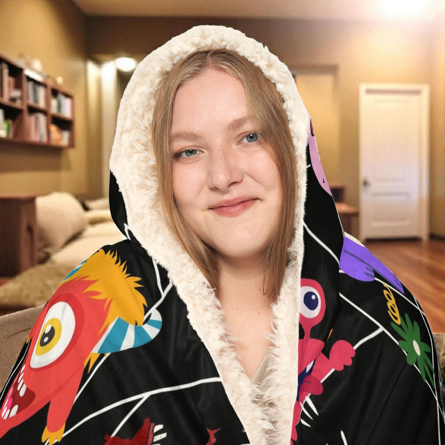 Monsters-Themed Hooded Blanket with Playful Cartoon Graphic Design