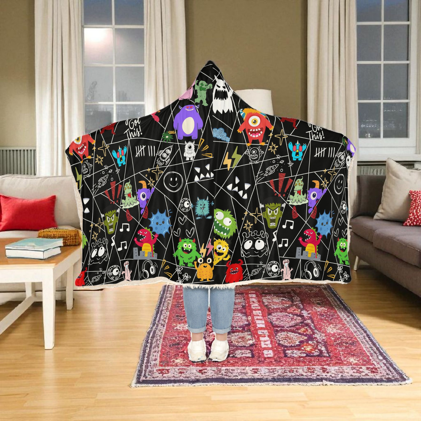 Monsters-Themed Hooded Blanket with Playful Cartoon Graphic Design