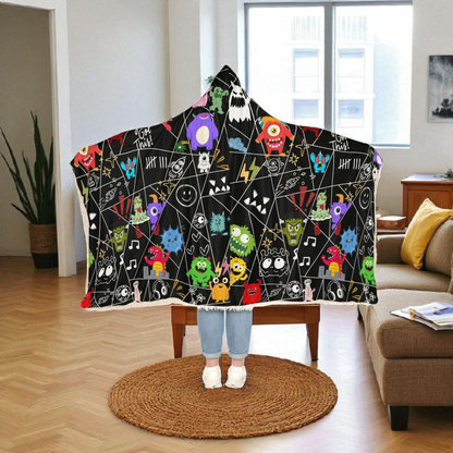 Monsters-Themed Hooded Blanket with Playful Cartoon Graphic Design