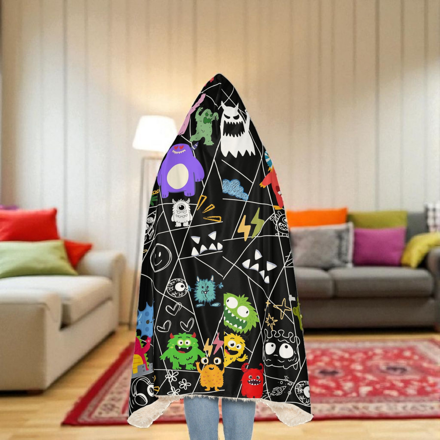 Monsters-Themed Hooded Blanket with Playful Cartoon Graphic Design