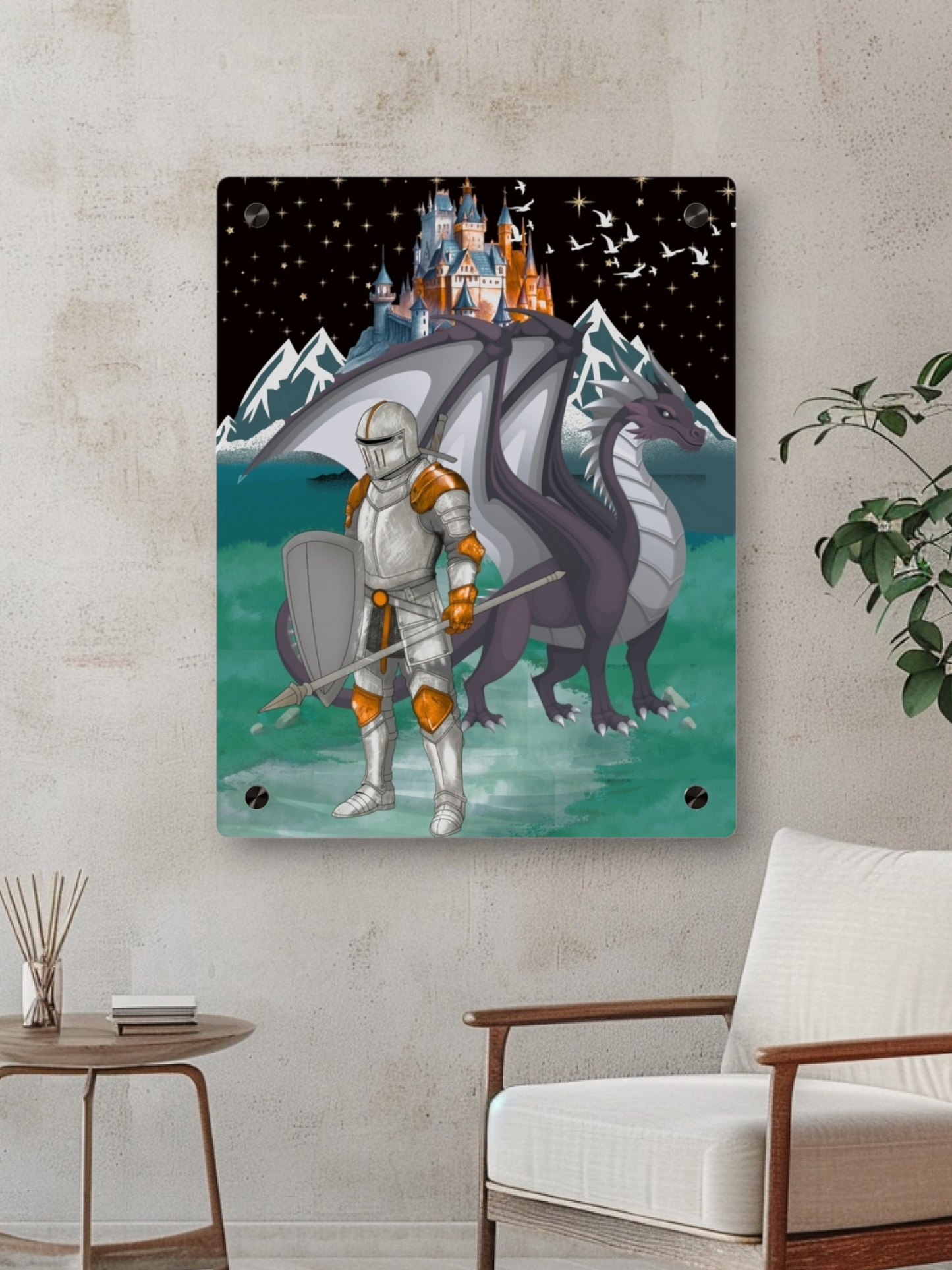 Knight and Dragon Acrylic Wall Art Panel — Fantasy Castle Nightscape Décor