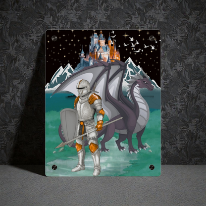 Knight and Dragon Acrylic Wall Art Panel — Fantasy Castle Nightscape Décor