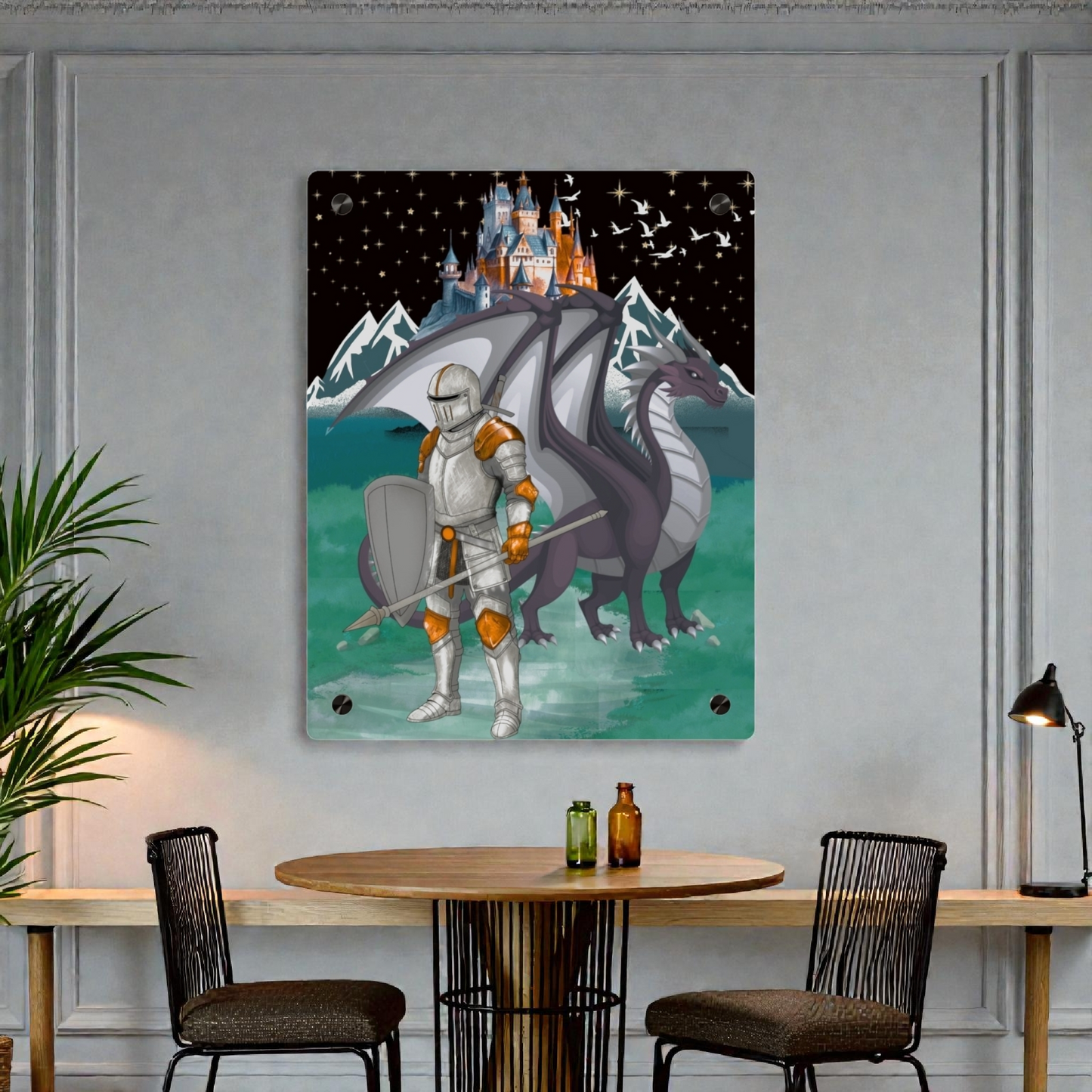 Knight and Dragon Acrylic Wall Art Panel — Fantasy Castle Nightscape Décor