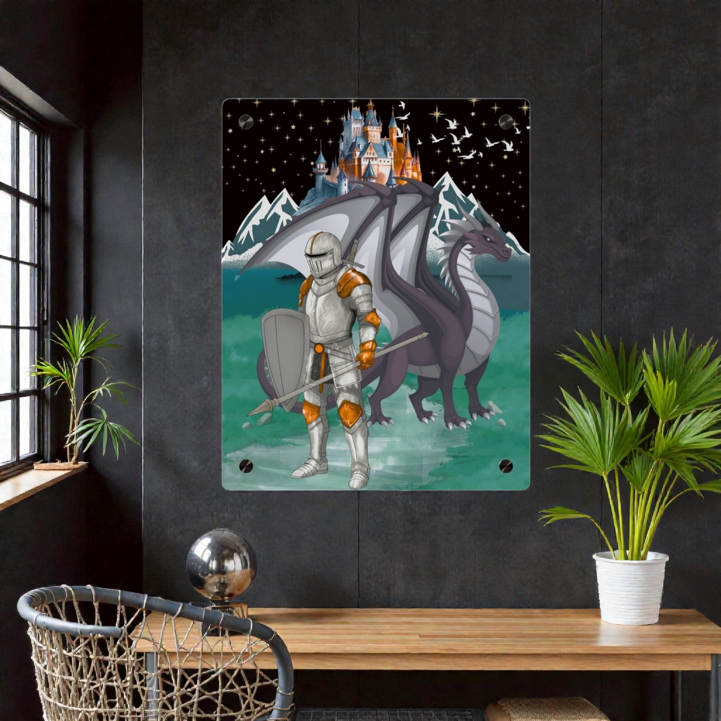 Knight and Dragon Acrylic Wall Art Panel — Fantasy Castle Nightscape Décor
