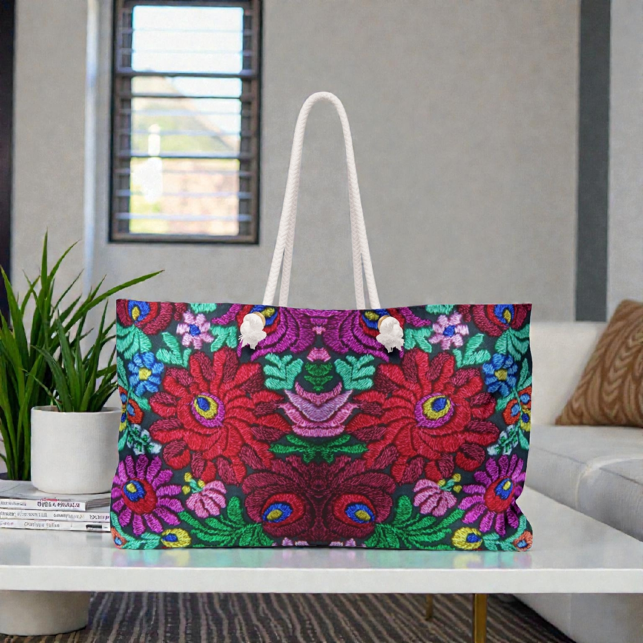 Boho Floral Weekender Bag — Vibrant Embroidered-Inspired Travel Tote