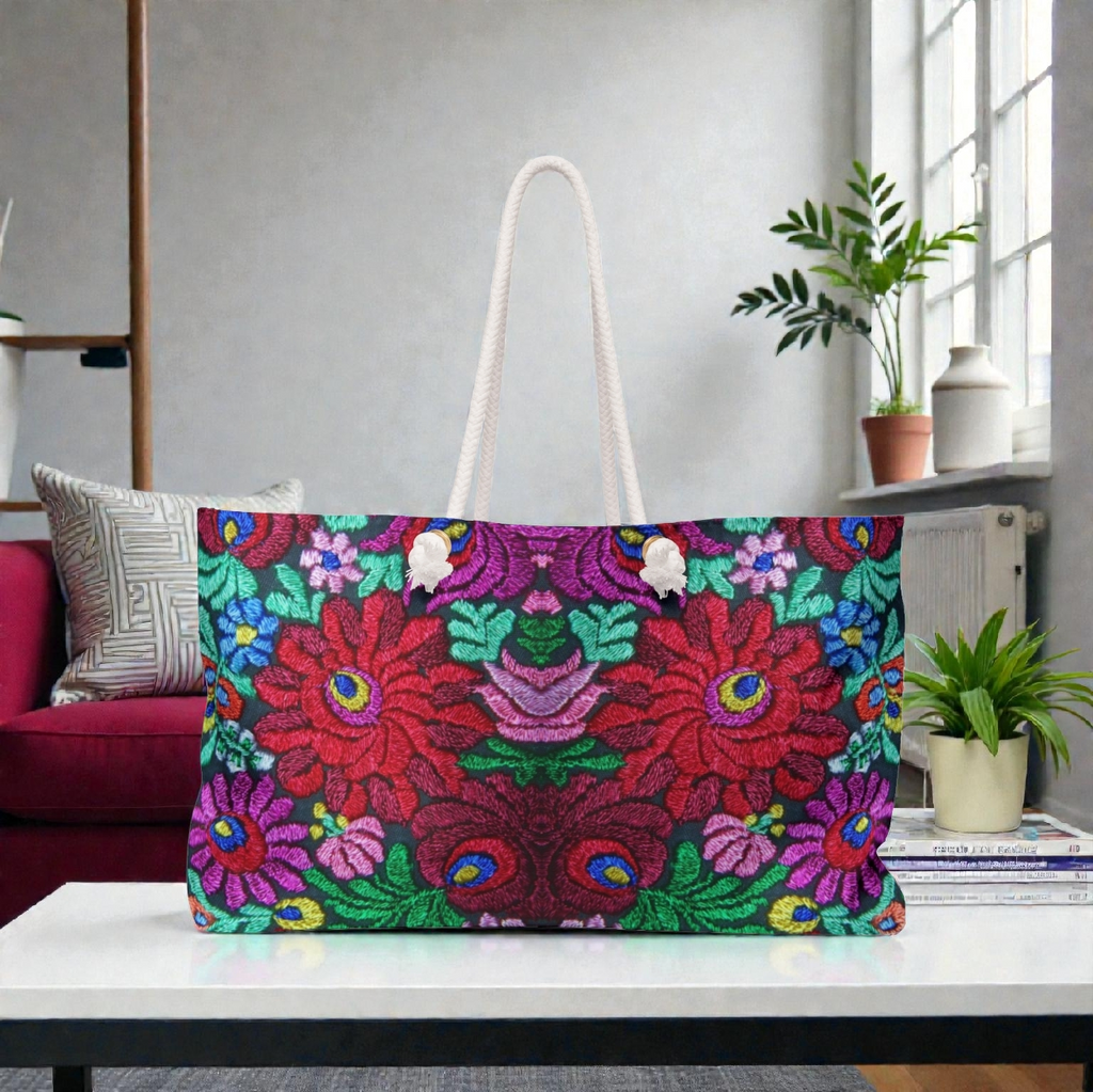 Boho Floral Weekender Bag — Vibrant Embroidered-Inspired Travel Tote Printify